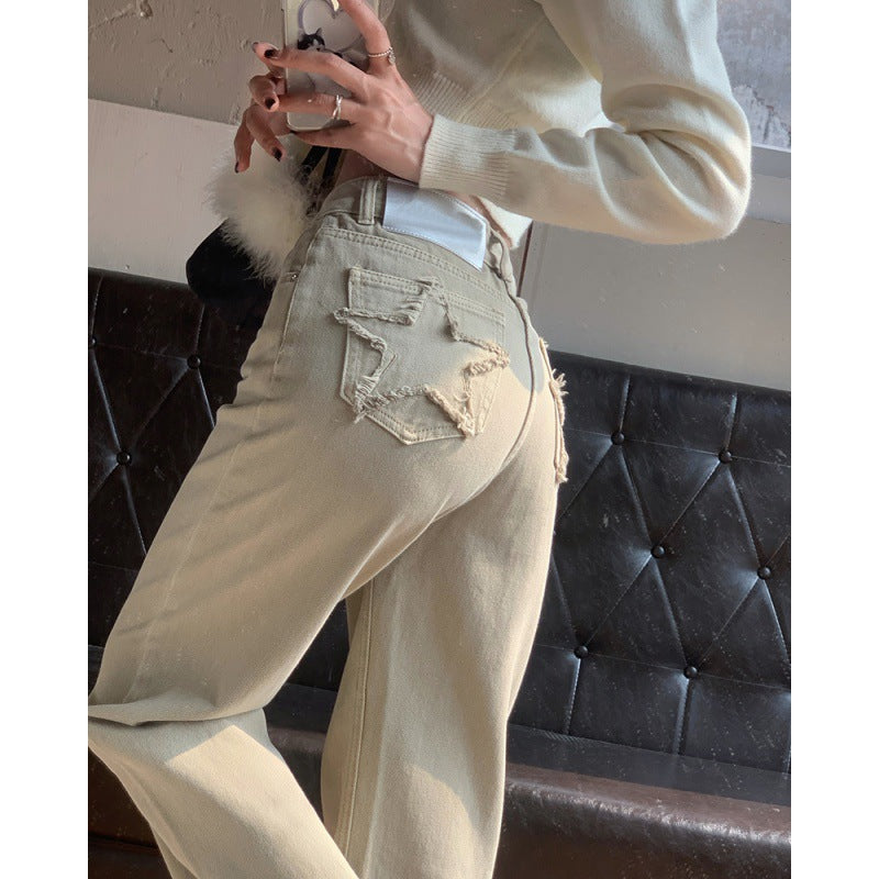 Women's American Retro Pants Jeans Back Pocket Pentagram