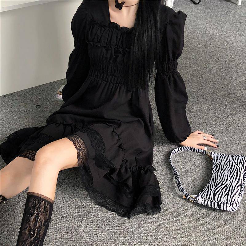 Lace Black Long Sleeve Square Neck Dress