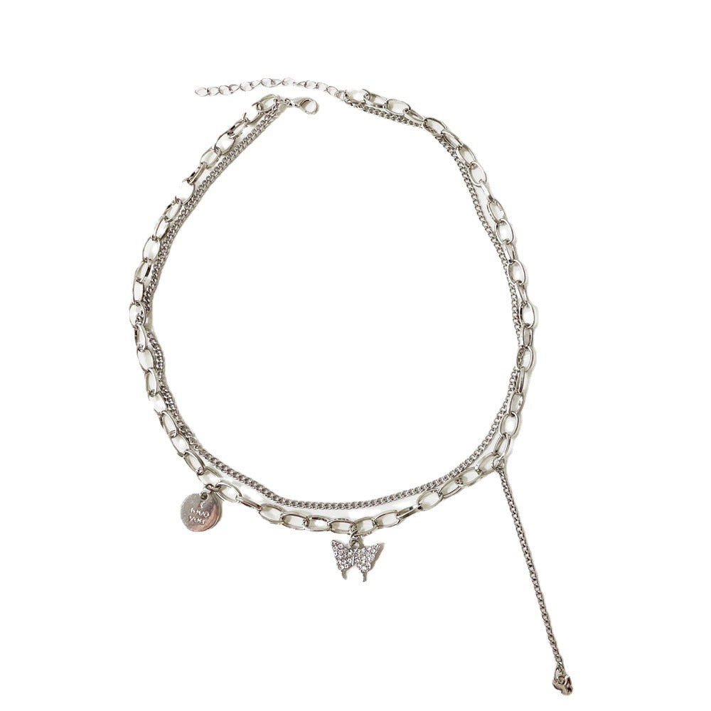 Fashion Double Stitching Full Diamond Butterfly Necklace