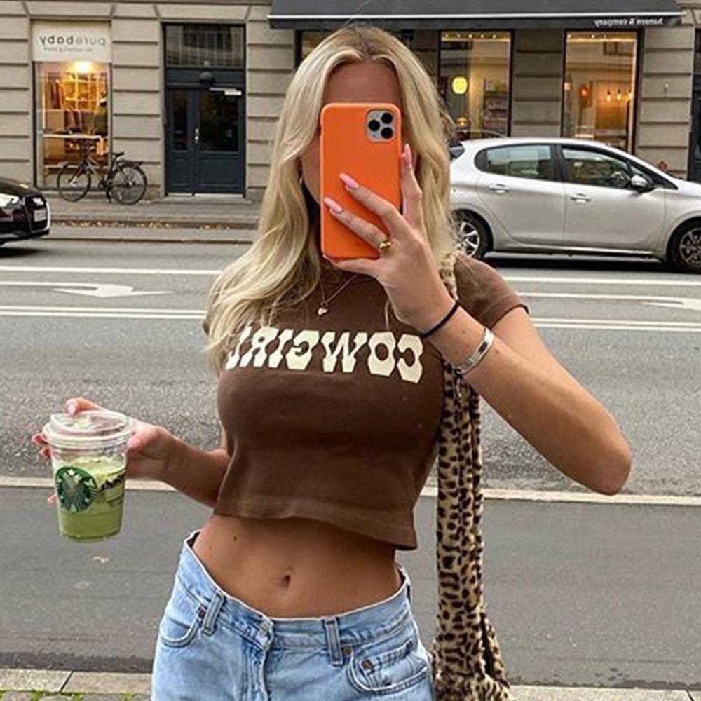 Vintage High Waist COWGIRL Letter Printed Cotton Top