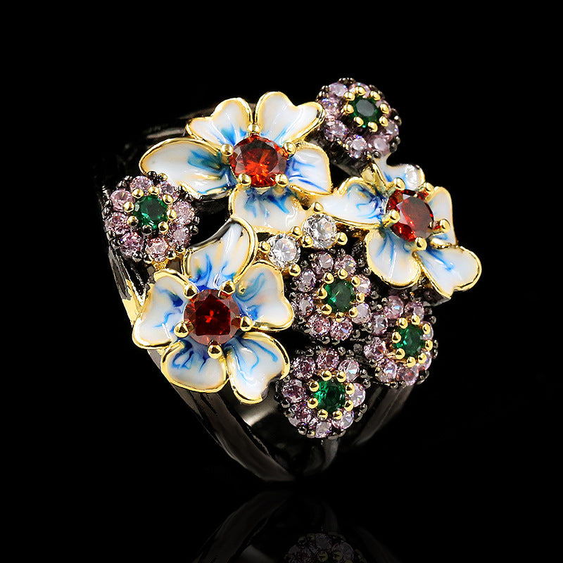 Fashion Color Zircon Ring, Flower Ring, Gold Ring, Ladies Jewelry, Jewelry