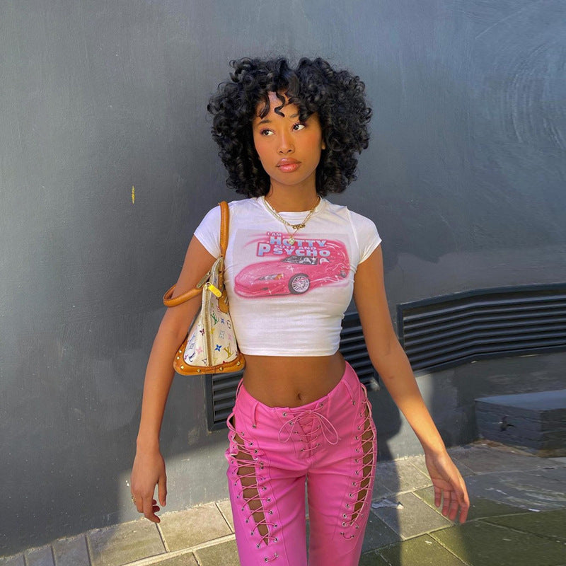 Skinny Women Graphic Belly Button Trend O-Neck Stretch Short Sleeve Crop Top Streetwear Slim Tee
