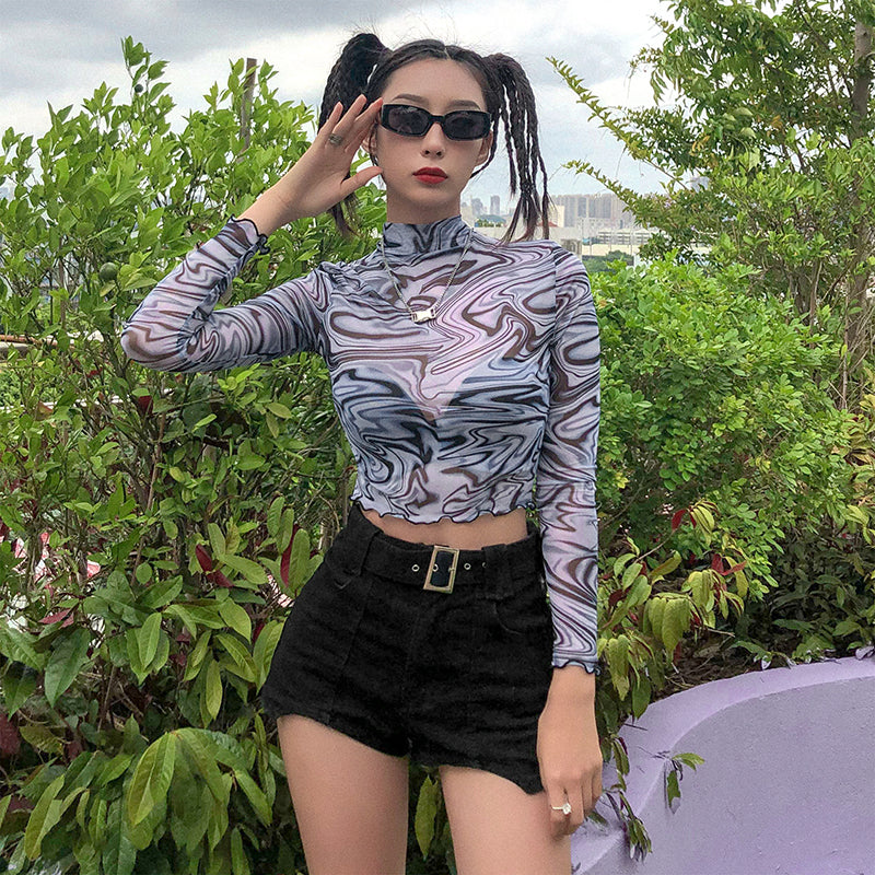 Oil Painting Style Striped Slim Long-sleeved Top