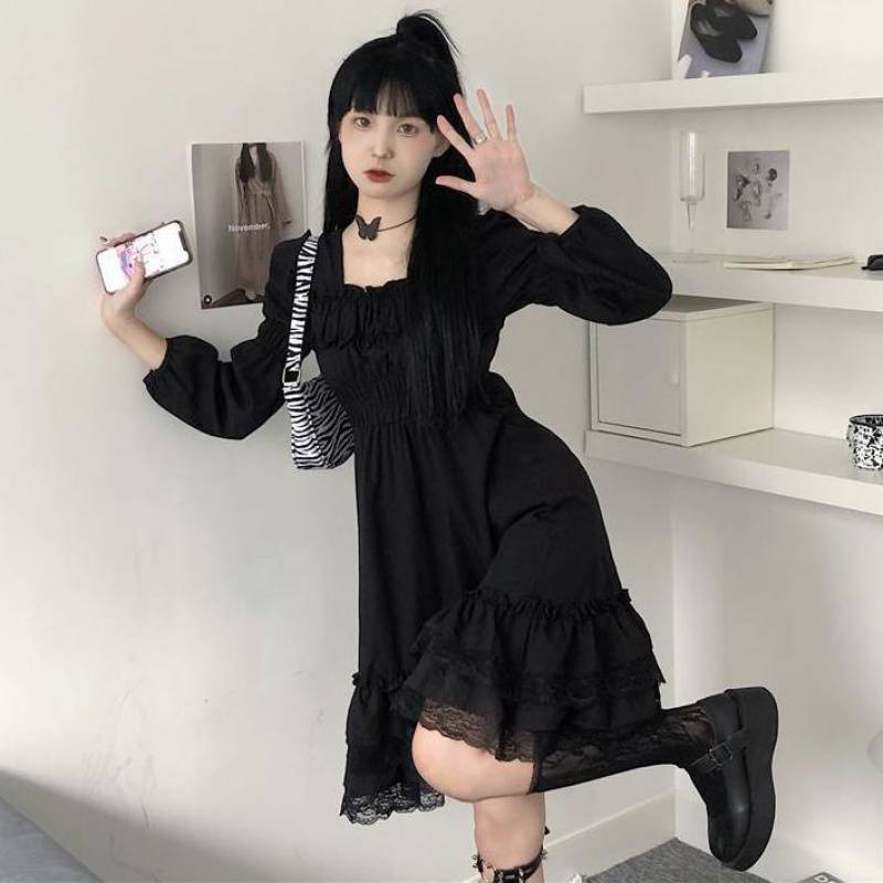 Lace Black Long Sleeve Square Neck Dress