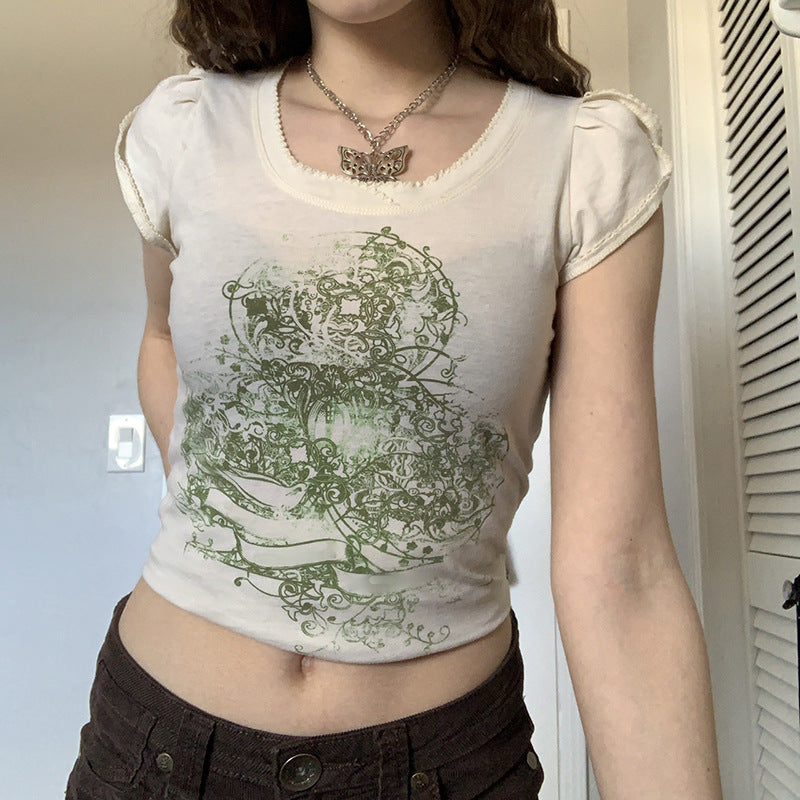 European And American Retro Print Slim Round Neck Cropped Top
