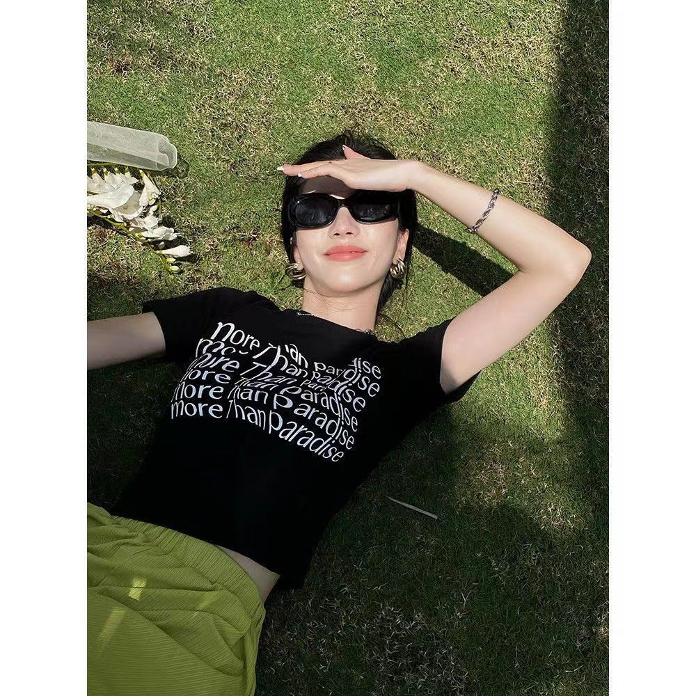 Women's White Letter Printed Short Sleeved Top