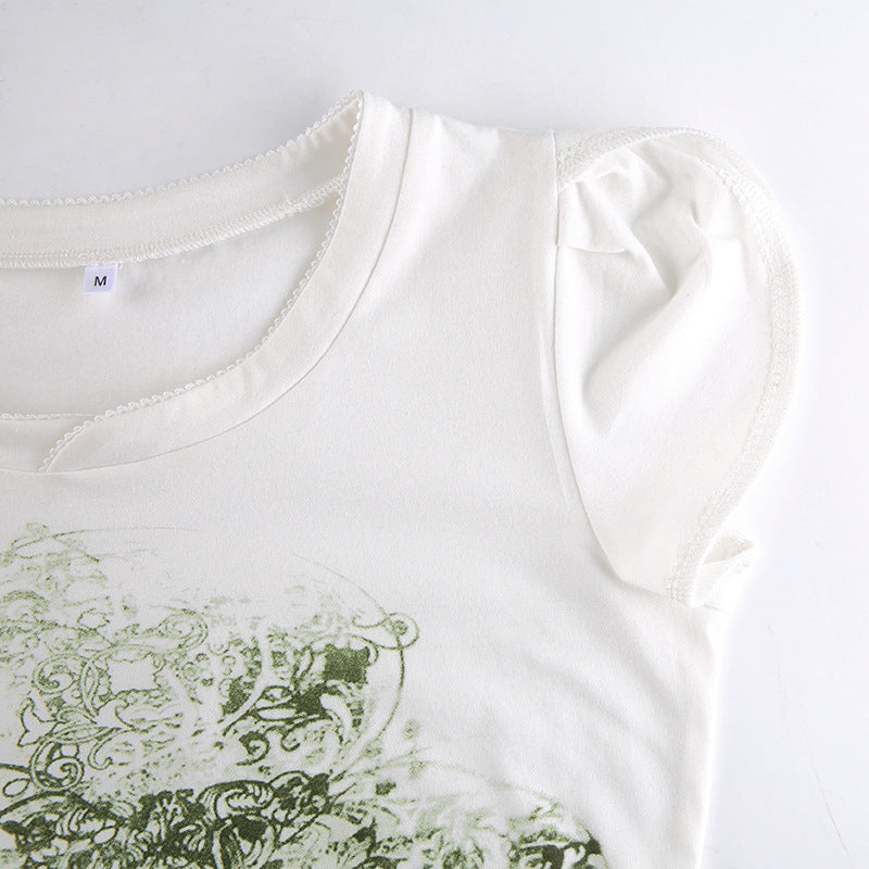 European And American Retro Print Slim Round Neck Cropped Top