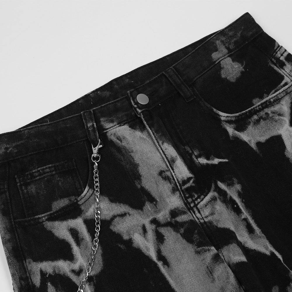 Chain Decoration Tie-dye Distressed Old Jeans Men's High Street Fashion Brand Loose Straight pants