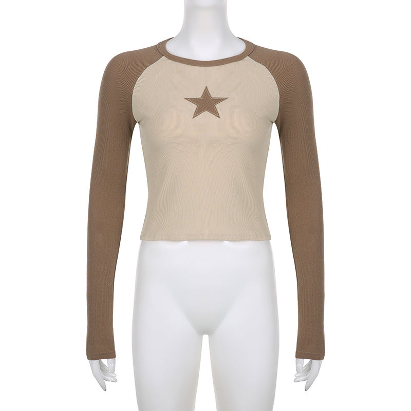 Stars Patchwork Long Sleeve Women Slim Tops