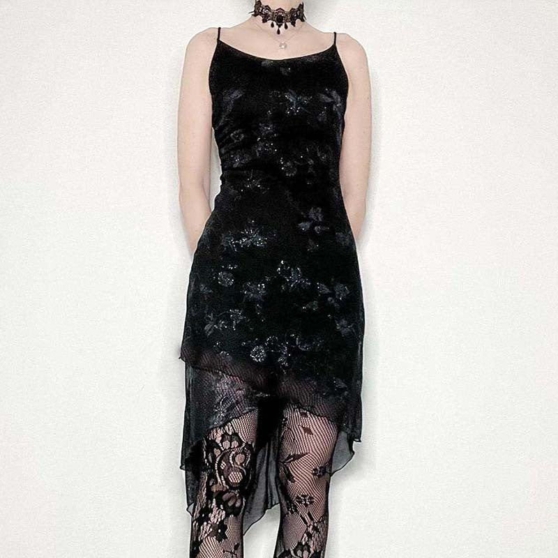 American Retro Spicy Girl Dark Style Design Irregular Slim Fit High Waist Knit Floral Dress Long