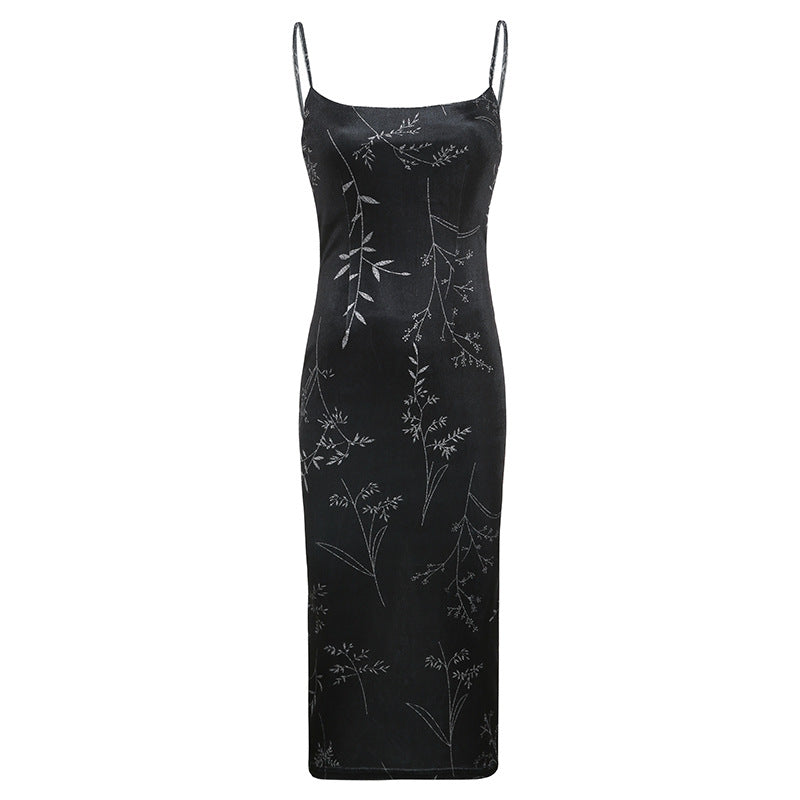 Dark Vintage Style Velvet Split Halter Dress