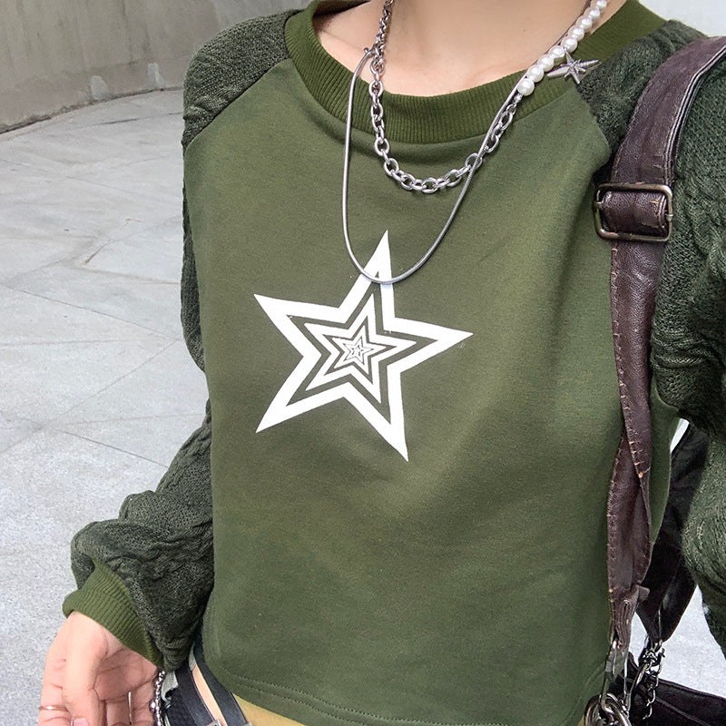 European And American Trend New Star Print Contrast Wool Raglan Sleeve Sweater
