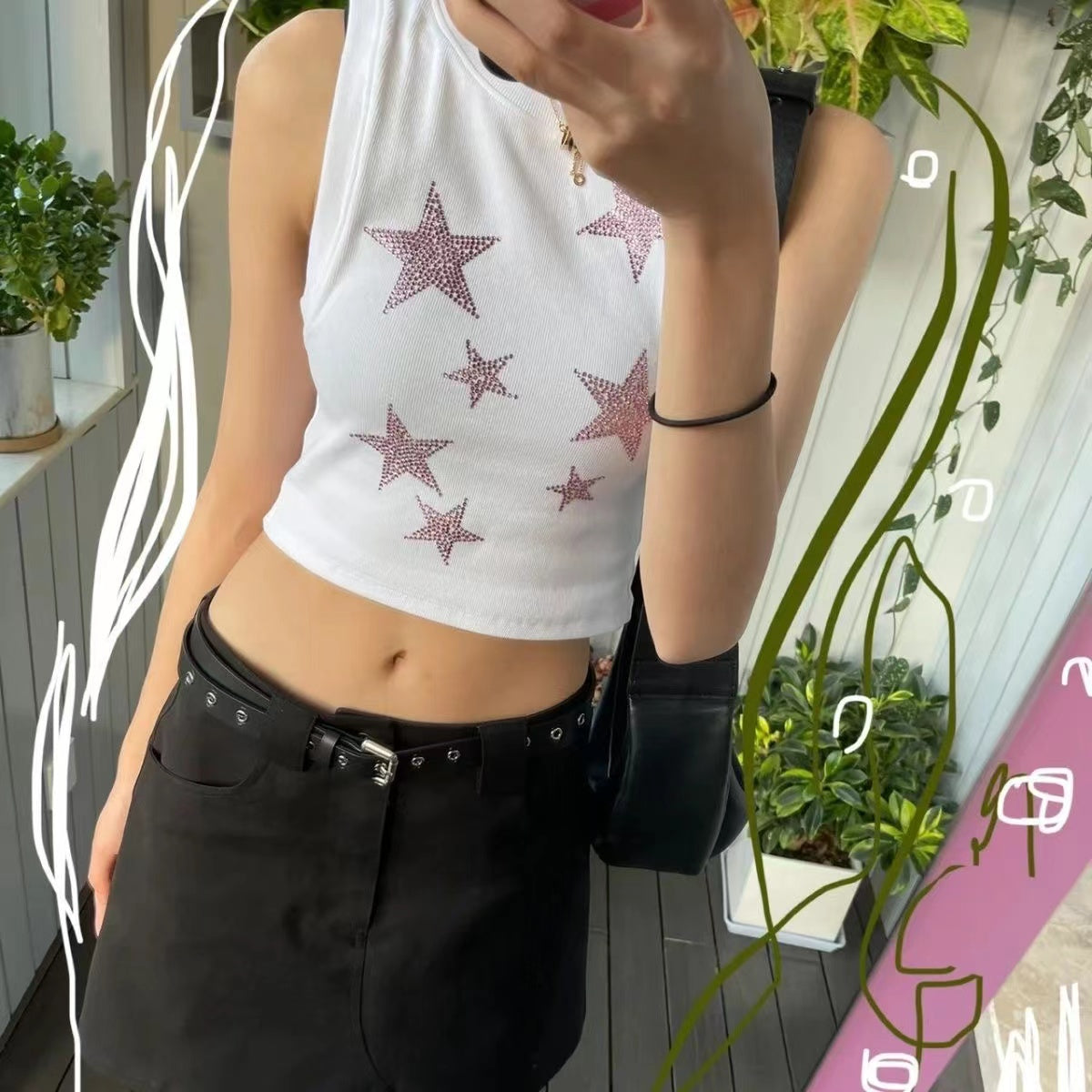 Stars Hot Drill Vest Spice Girl Tight Height Waist Top
