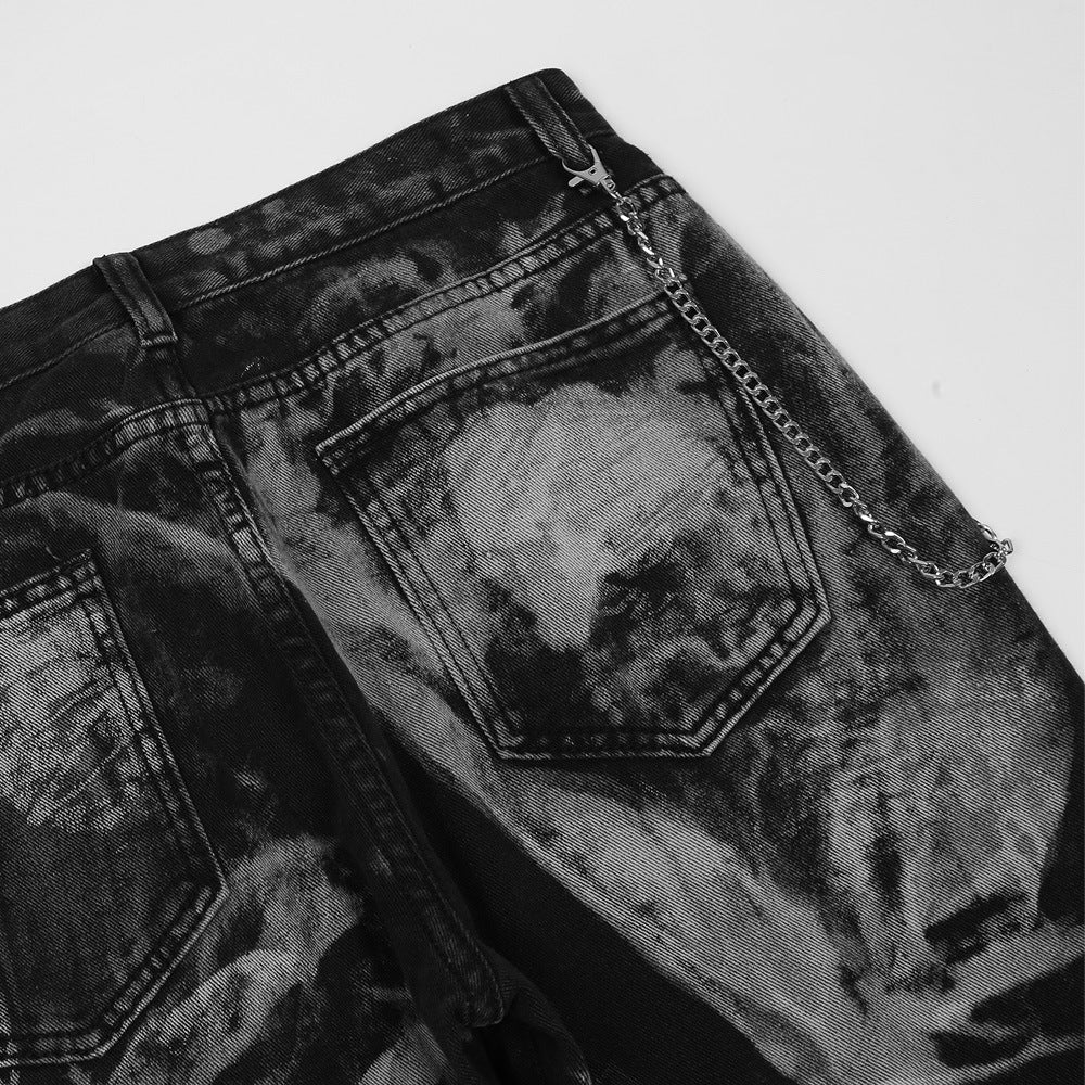 Chain Decoration Tie-dye Distressed Old Jeans Men's High Street Fashion Brand Loose Straight pants
