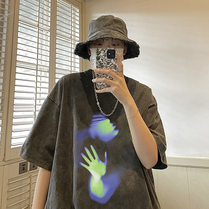 Men's Summer High Street Abstract Handprint Short Sleeve T-Shirt Retro