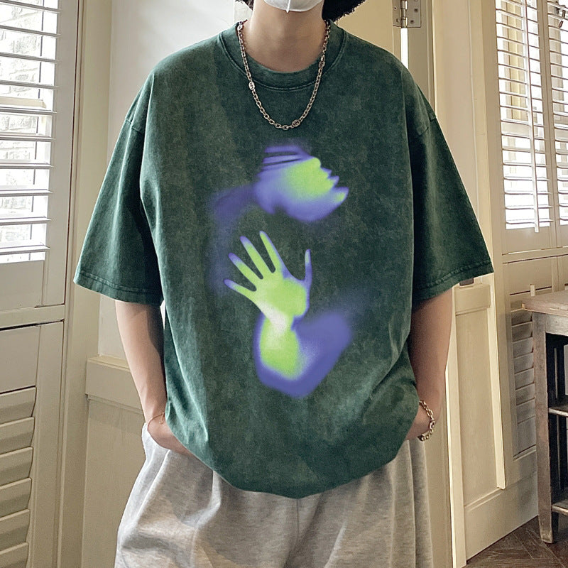Men's Summer High Street Abstract Handprint Short Sleeve T-Shirt Retro