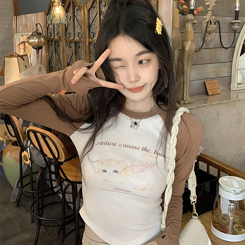 Women's Retro Black New Korean Cartoon Print Top