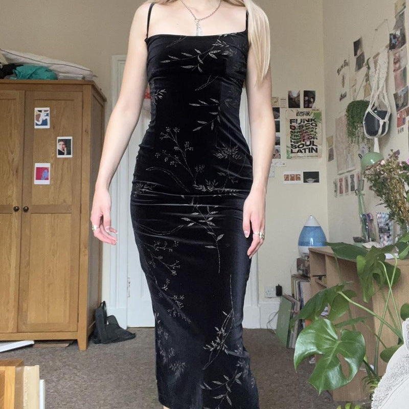 Dark Vintage Style Velvet Split Halter Dress