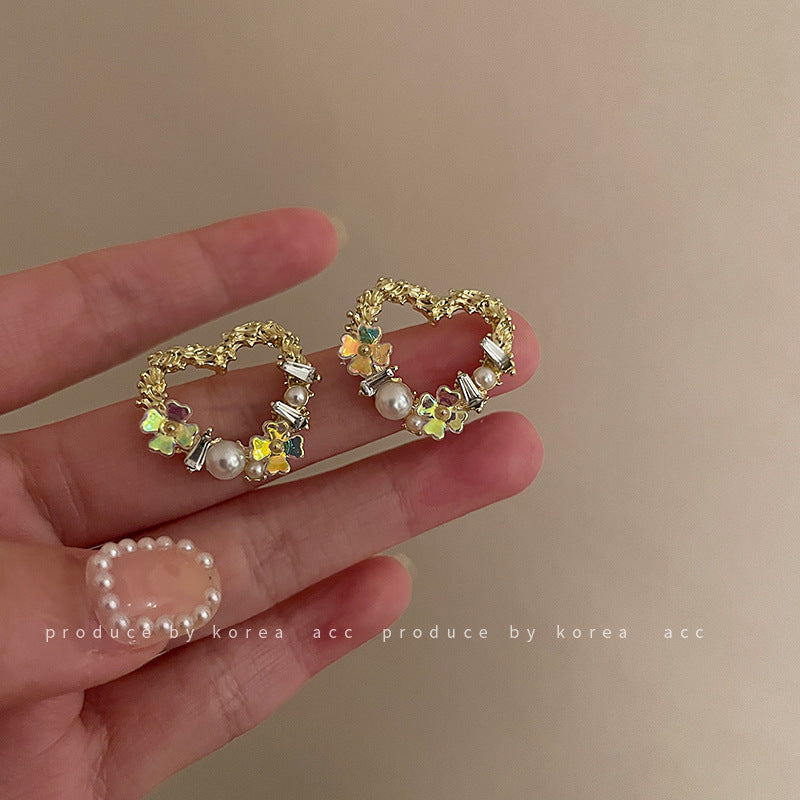 Silver Needle Hollow Love Flower Pearl Stud Earrings