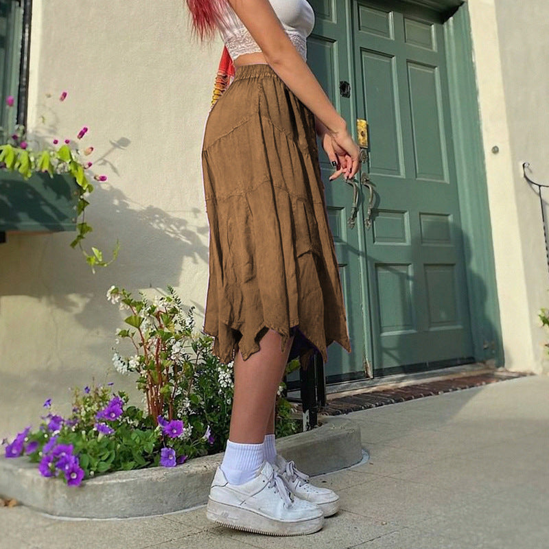 Washed Cotton Pleated Skirt Irregular