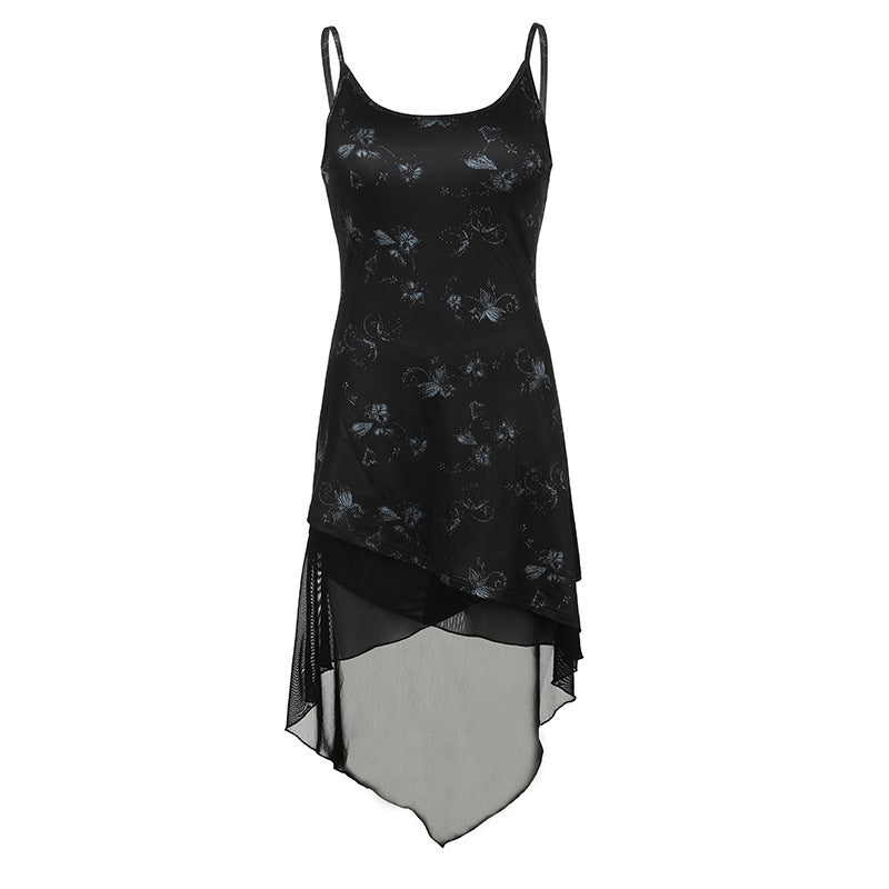 American Retro Spicy Girl Dark Style Design Irregular Slim Fit High Waist Knit Floral Dress Long