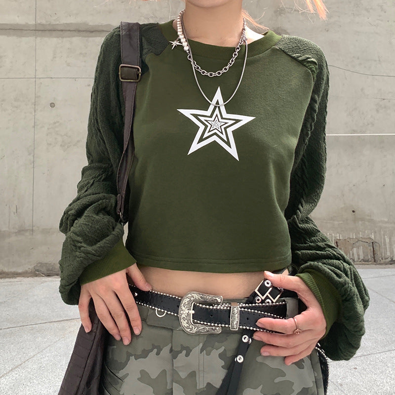 European And American Trend New Star Print Contrast Wool Raglan Sleeve Sweater