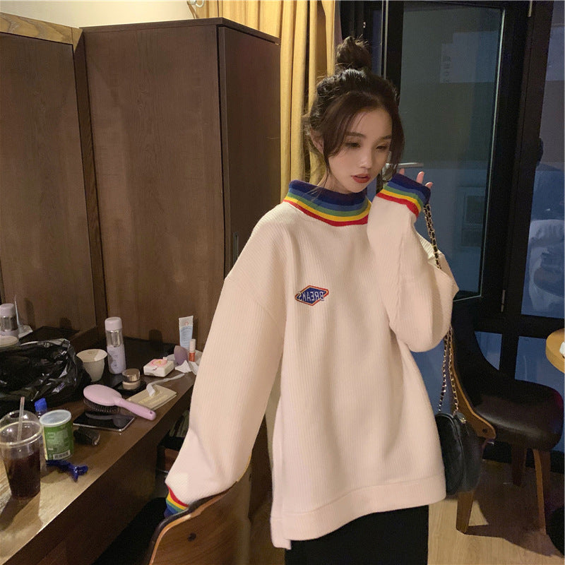New Korean Style Loose Rainbow Half High Collar Thin Coat Sweater