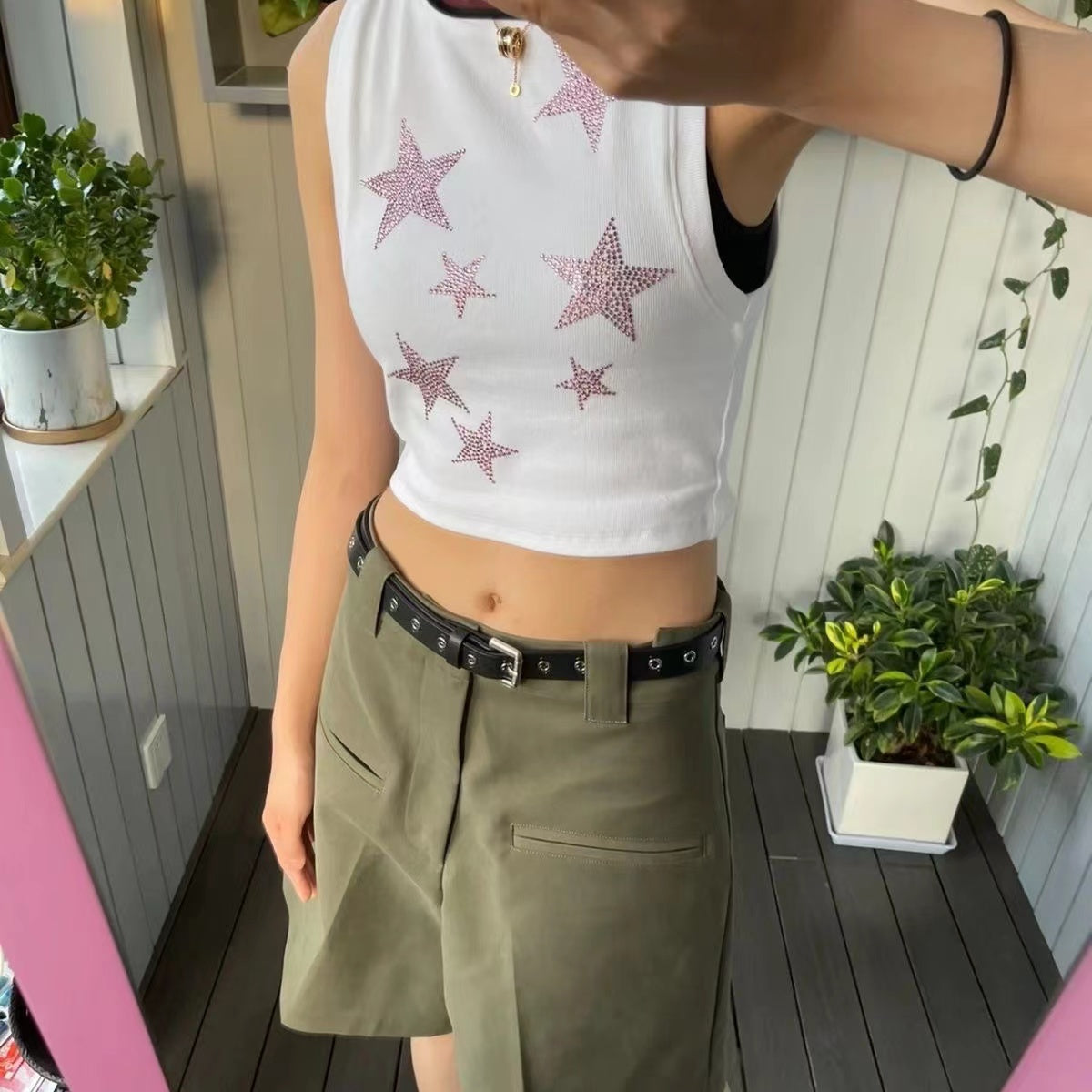 Stars Hot Drill Vest Spice Girl Tight Height Waist Top