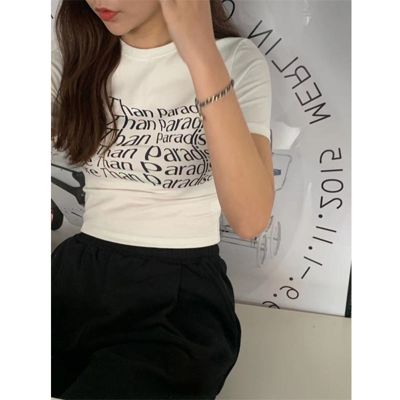 Women's White Letter Printed Short Sleeved Top