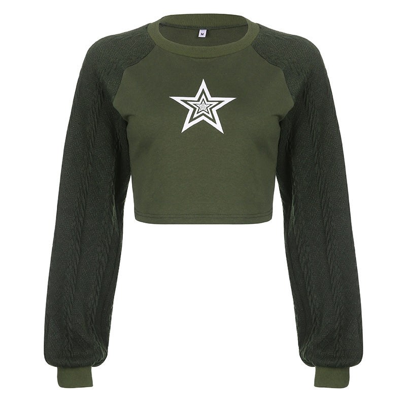 European And American Trend New Star Print Contrast Wool Raglan Sleeve Sweater
