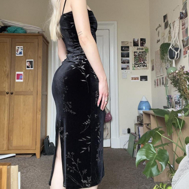Dark Vintage Style Velvet Split Halter Dress