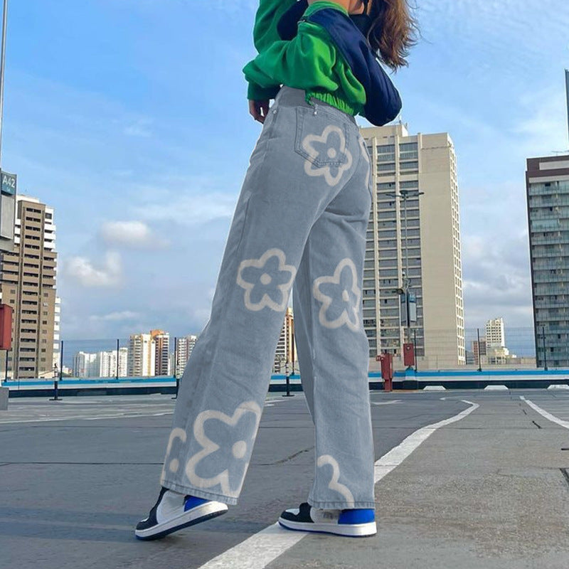 Fashion Street Graffiti Straight Leg High Waist Jeans Women pants