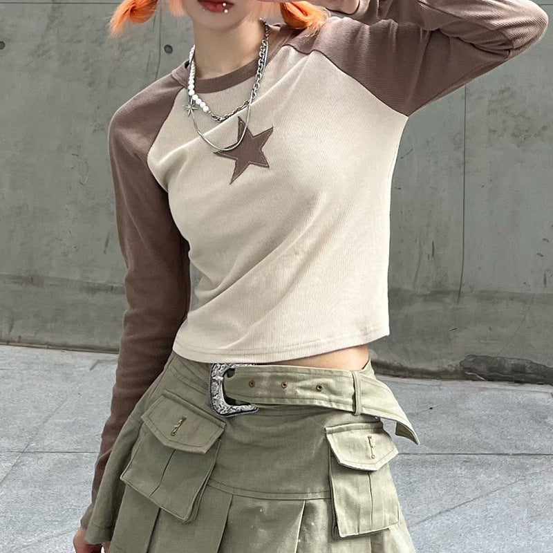 Stars Patchwork Long Sleeve Women Slim Tops