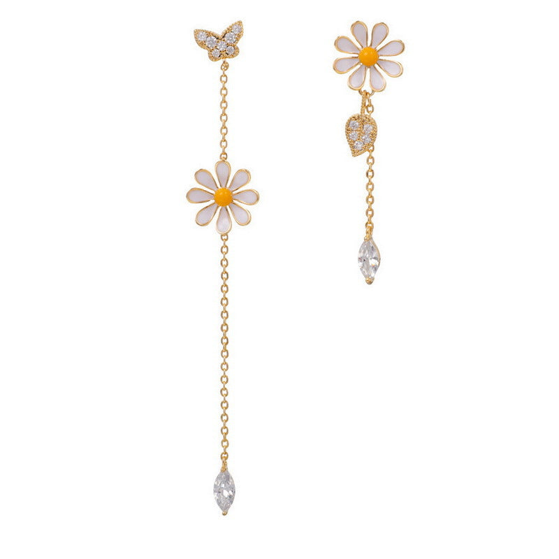 Japanese And Korean All-match Asymmetric Daisy Flower Butterfly Earrings