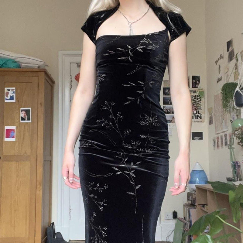Dark Vintage Style Velvet Split Halter Dress