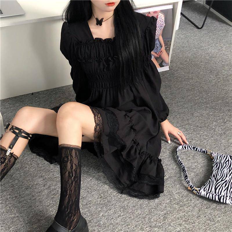 Lace Black Long Sleeve Square Neck Dress