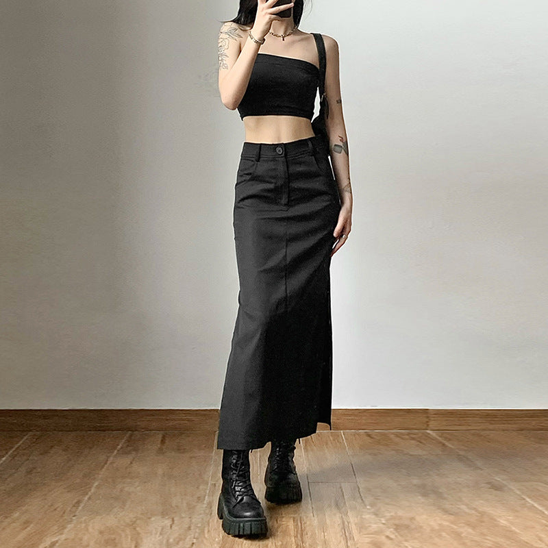Autumn New Women's Solid Color Slim High-waisted Street Fashion Open Half-body Skirt