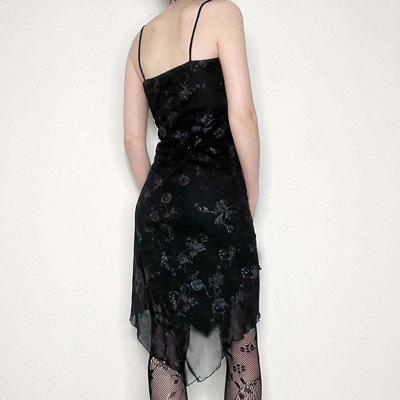 American Retro Spicy Girl Dark Style Design Irregular Slim Fit High Waist Knit Floral Dress Long