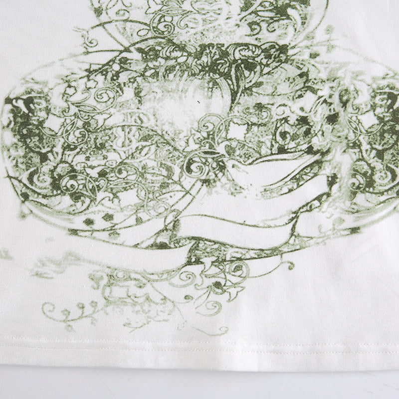 European And American Retro Print Slim Round Neck Cropped Top