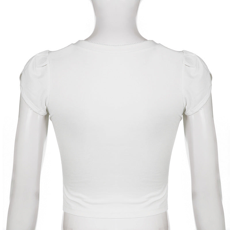 European And American Retro Print Slim Round Neck Cropped Top