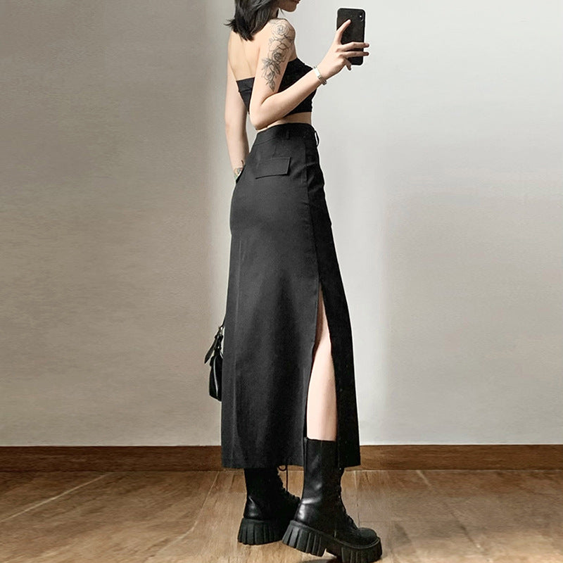 Autumn New Women's Solid Color Slim High-waisted Street Fashion Open Half-body Skirt