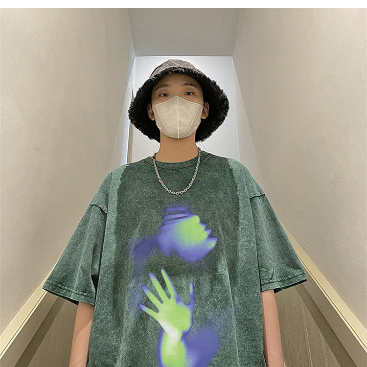 Men's Summer High Street Abstract Handprint Short Sleeve T-Shirt Retro