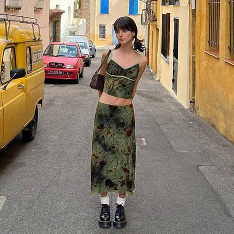 Make Old Halo-dyed Green Knee-length Low Waist A-shaped Long Skirt