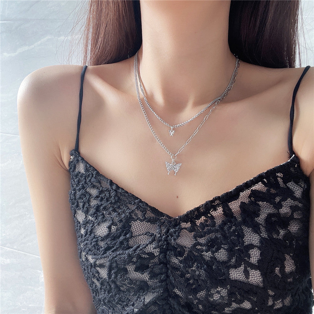 Fashion Double Stitching Full Diamond Butterfly Necklace