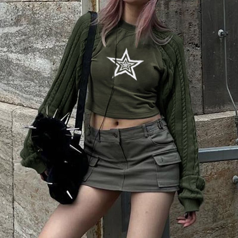 European And American Trend New Star Print Contrast Wool Raglan Sleeve Sweater
