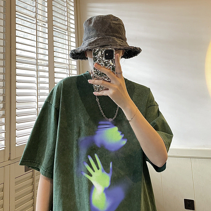 Men's Summer High Street Abstract Handprint Short Sleeve T-Shirt Retro