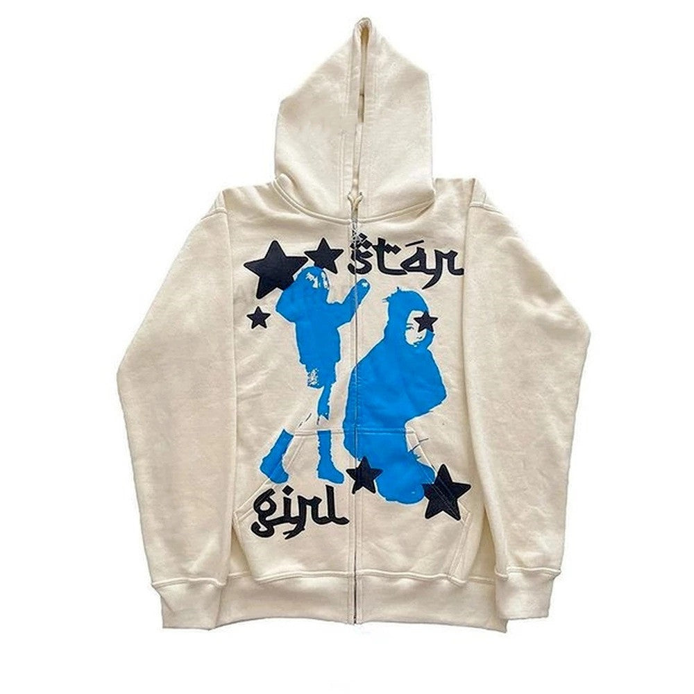 Street Hip Hop Star Print Black Zip Hoodie