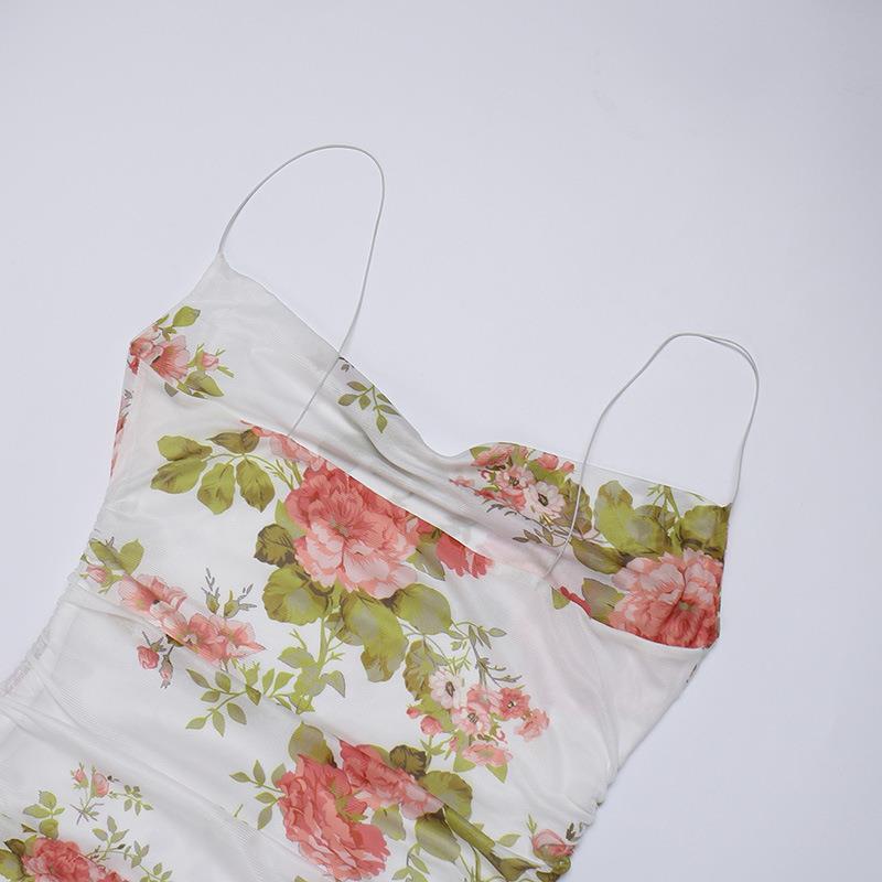 Wind Sling Mesh Vintage Flower Dress