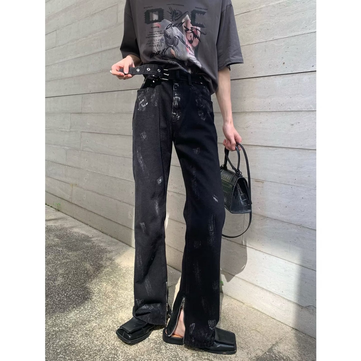 Design Sense Zippered Split Jeans Pants