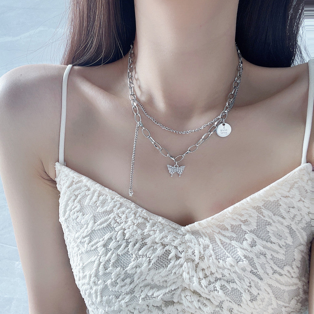 Fashion Double Stitching Full Diamond Butterfly Necklace